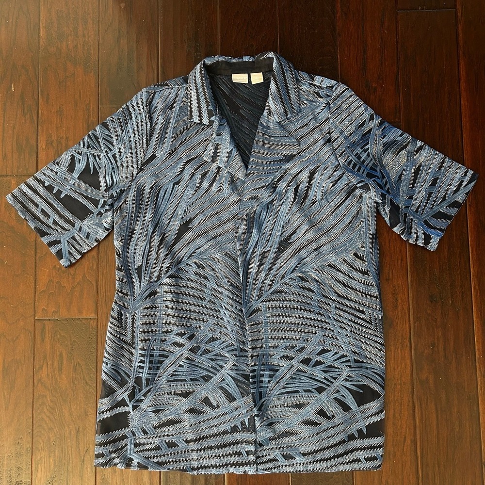 Chicos Travelers Navy Blue Metallic Shirt Jacket Size 2 L 12/14 Vacation Resort